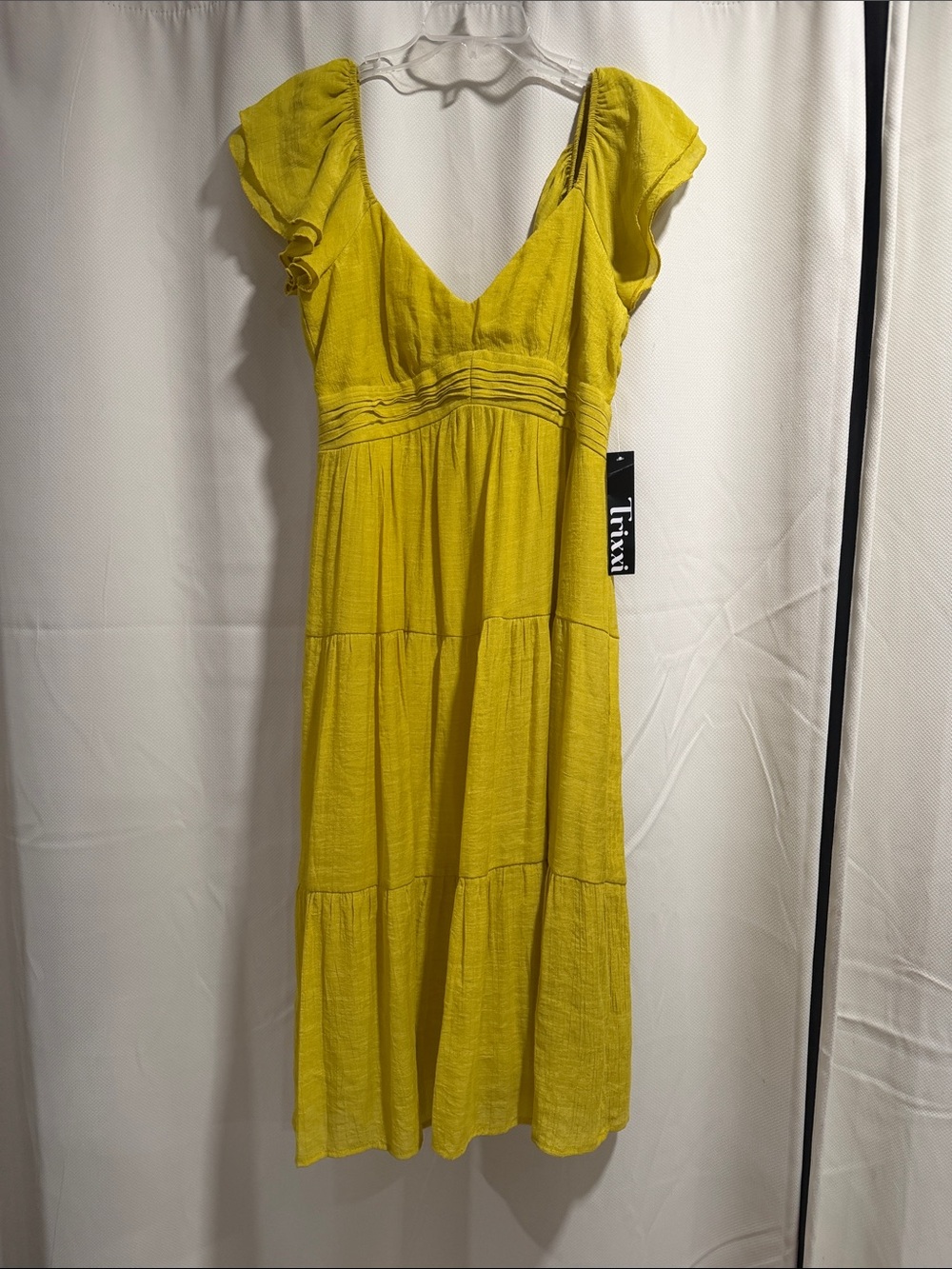 Trixxi Sunny Yellow Tiered Midi Dress with V-Neck